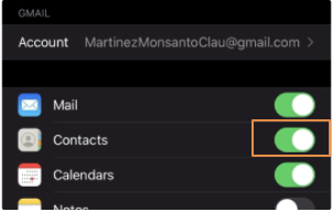 iPhone Gmail account settings with the Contacts switch turned on and highlighted
