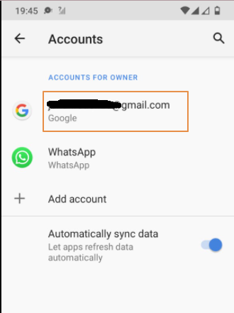 Android Accounts screen with the Gmail account highlighted
