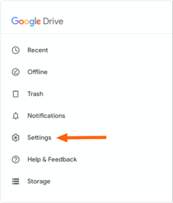 Google Drive app menu with an arrow pointing to Settings
