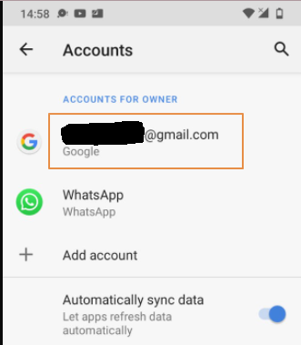 Android Accounts screen with the Google account highlighted