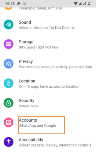 Android Settings with Accounts highlighted