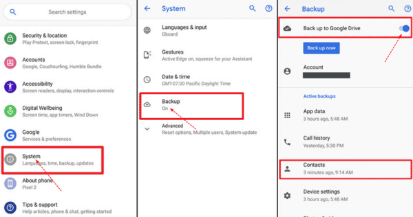 Android Settings: System, then Backup, with Back up to Google Drive turned on and Contacts listed