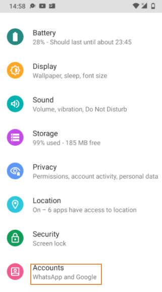 Android Settings with Accounts highlighted