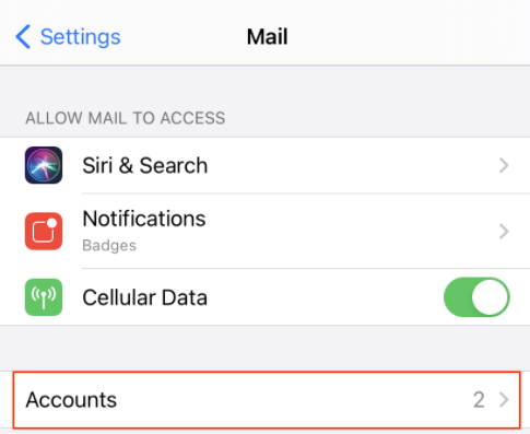 iPhone Mail settings with Accounts highlighted