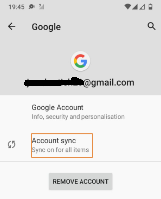 Android Google account screen with Account sync highlighted