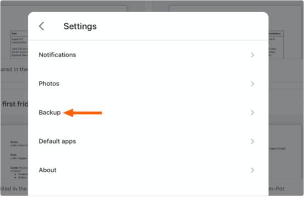 Google Drive Settings with an arrow pointing to Backup