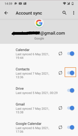Android Google Account sync screen with the Contacts switch highlighted