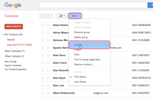 Old Google Contacts with the More menu open and Import highlighted