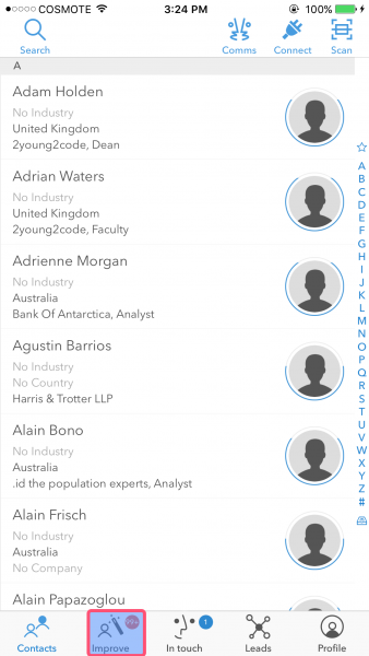 Covve contact list with the Improve tab highlighted in the bottom bar