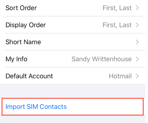 iPhone Contacts settings with Import SIM Contacts highlighted