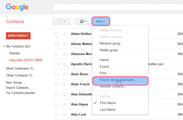 Old Google Contacts with the More menu open and Find & merge duplicates highlighted