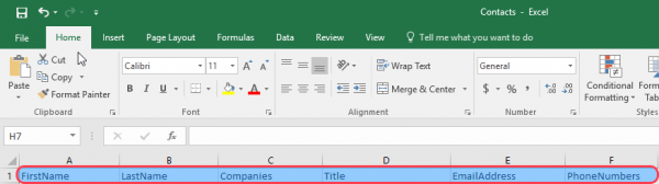 Excel showing the original column headings of the LinkedIn contacts file