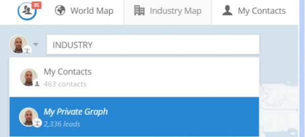 Covve search menu with My Contacts and My Private Graph, showing contact and lead counts
