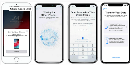 iPhone Quick Start steps: Set Up New iPhone, the pattern to scan, the old passcode and Transfer Your Data