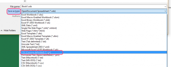 Excel Save As type list with CSV (Comma delimited) highlighted