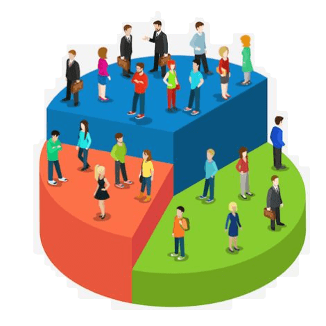 Illustration of people standing on a pie chart split into three segments