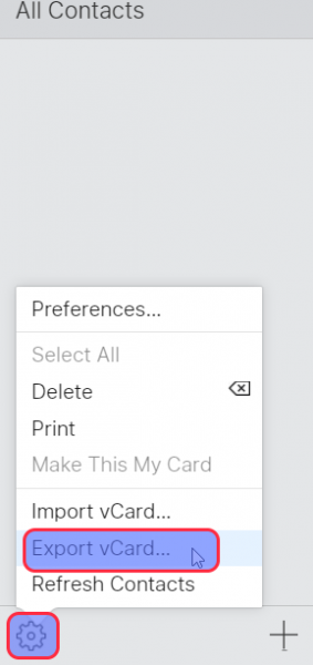 iCloud Contacts gear menu with Export vCard highlighted