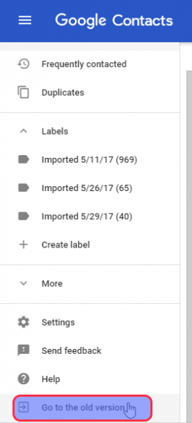 Google Contacts sidebar with Go to the old version highlighted