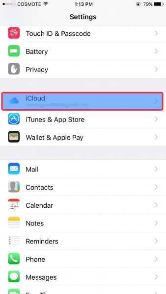 iPhone Settings with iCloud highlighted