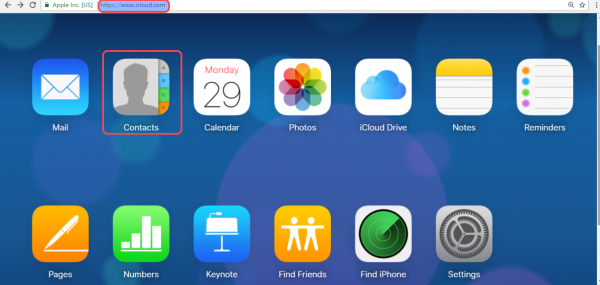 iCloud.com home page with the Contacts app highlighted