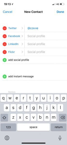 iPhone New Contact screen with Twitter, Facebook, LinkedIn and Flickr social profile fields