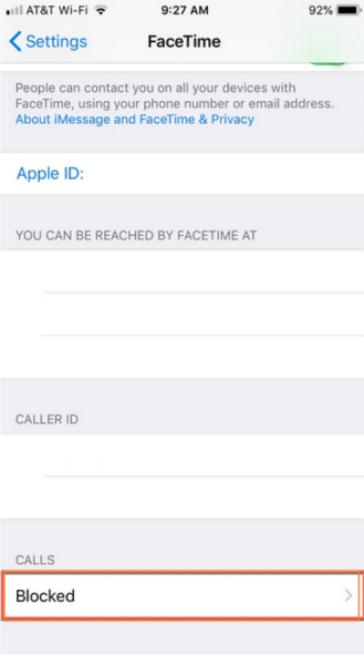 iPhone FaceTime settings with Blocked highlighted under Calls