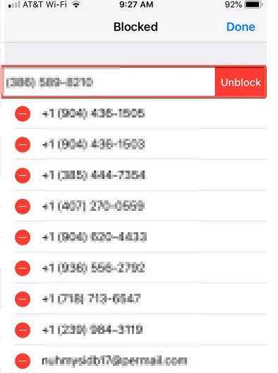 iPhone Blocked list with the Unblock button shown next to a number