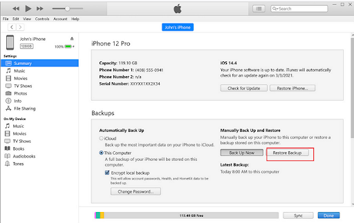 iTunes iPhone Summary tab with Restore Backup highlighted under Backups