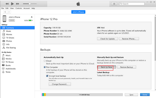 iTunes iPhone Summary tab with Back Up Now highlighted under Backups