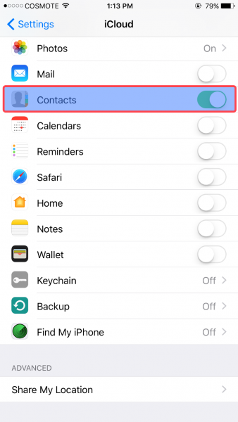 iPhone iCloud settings with the Contacts toggle turned on and highlighted