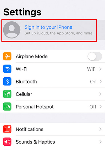 iPhone Settings with Sign in to your iPhone highlighted