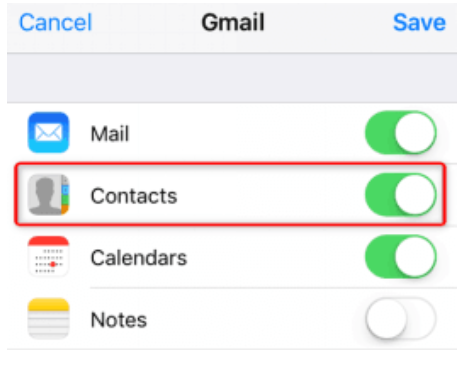 iPhone Gmail account settings with the Contacts toggle on and highlighted