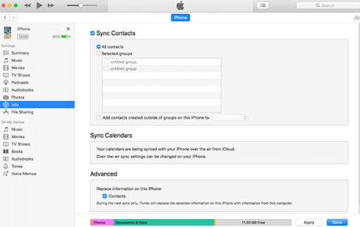 iTunes iPhone Info tab with Sync Contacts checked and All contacts selected