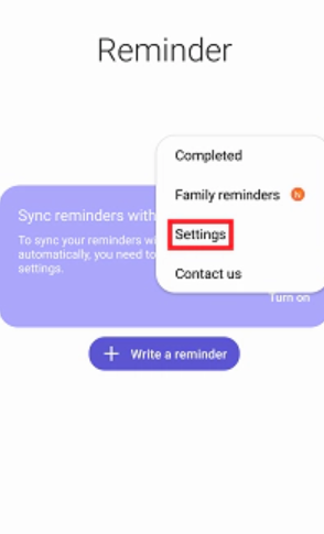 Samsung Reminder app menu with Settings highlighted
