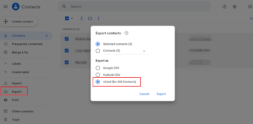 Google Contacts Export dialog with vCard (for iOS Contacts) selected and Export highlighted in the sidebar
