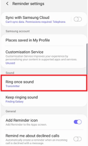 Samsung Reminder settings with Ring once sound highlighted