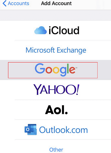 iPhone Add Account screen with Google highlighted