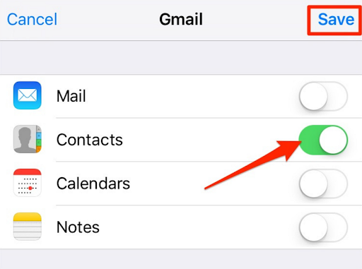 iPhone Gmail account settings with an arrow to the Contacts toggle and Save highlighted