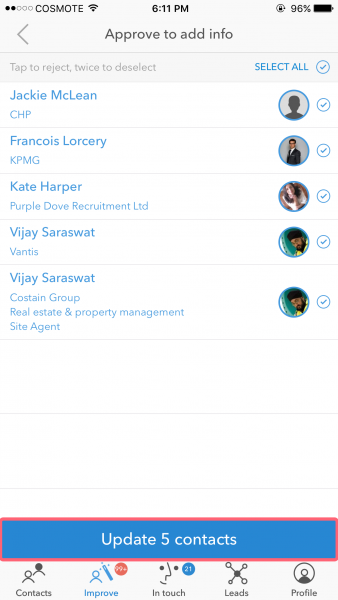 Covve Approve to add info list of job updates with the Update 5 contacts button highlighted