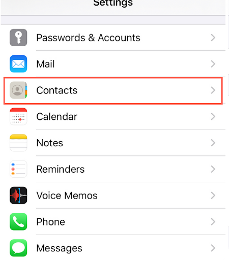 iPhone Settings list with Contacts highlighted