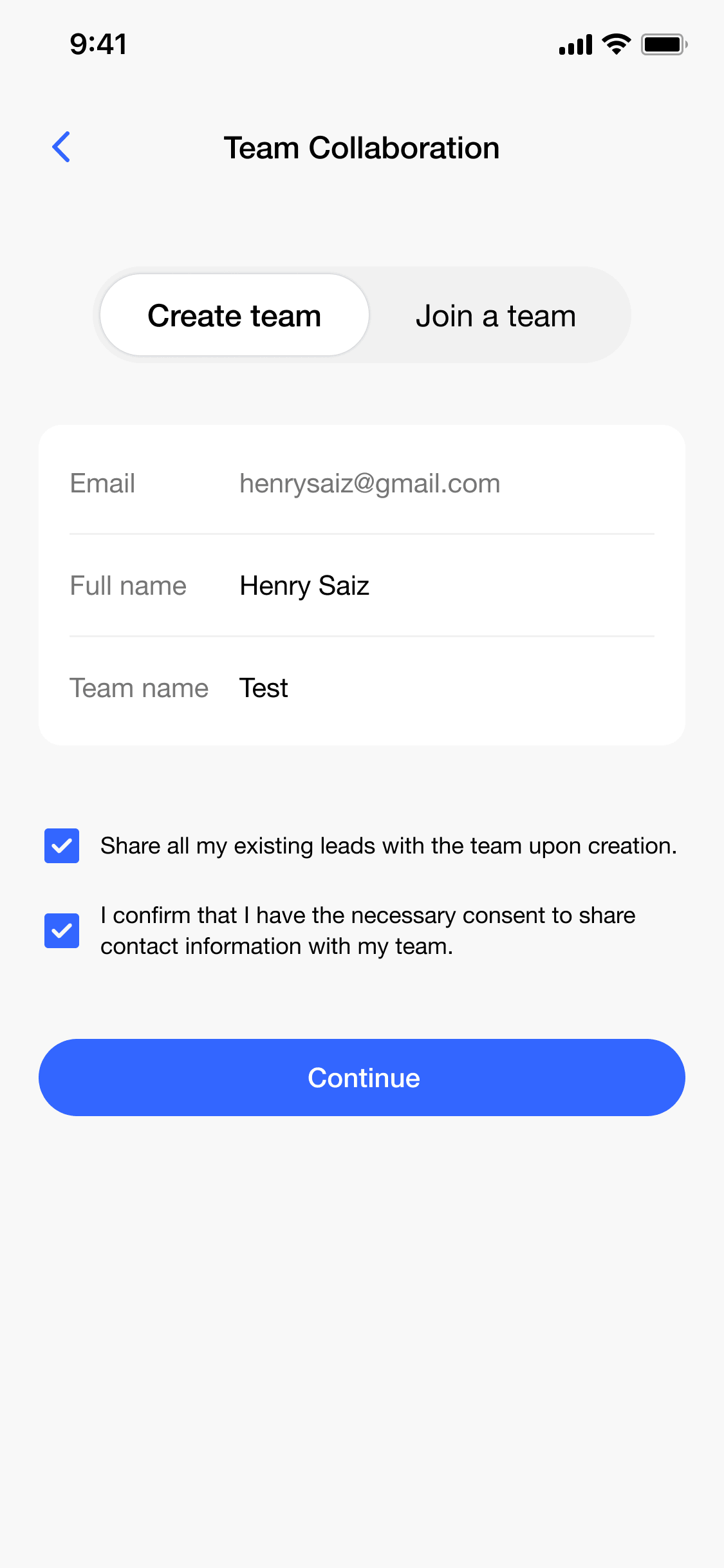 Create Team Interface